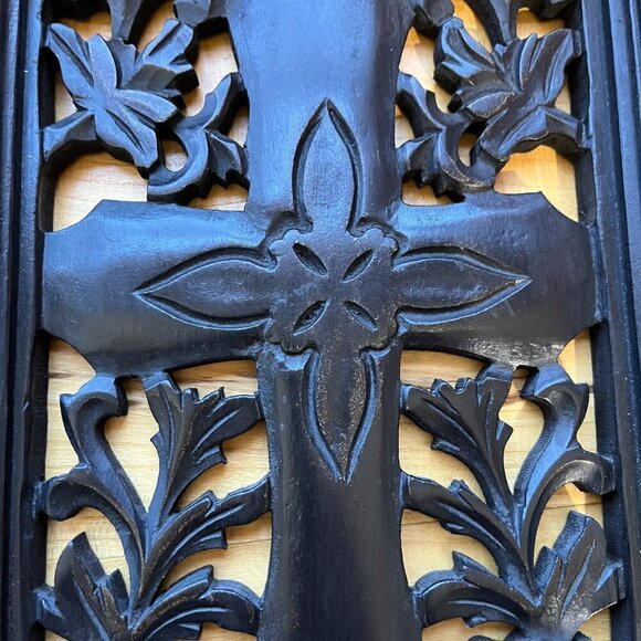 Hand-Carved Wood Panel Cross Dark Brown / Black Scandinavian Style Wall Hanging - Picture 2 of 8